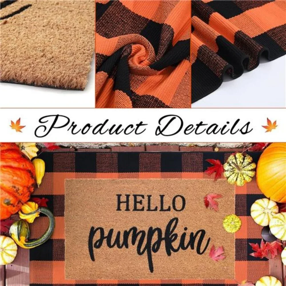 100% Coco Coir Welcome Mat 28x43 Inches Orange and Black Plaid Rug